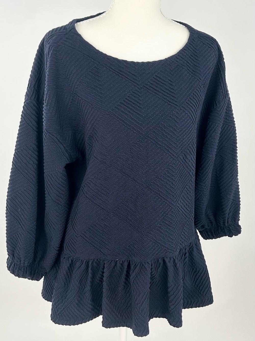 Maeve Anthropologie Mikayla Textured Peplum Top Navy Preppy Small